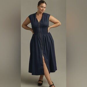 The Tommie Cap-Sleeve Smocked Front-Zip Shirt Dress Blue Size 3X